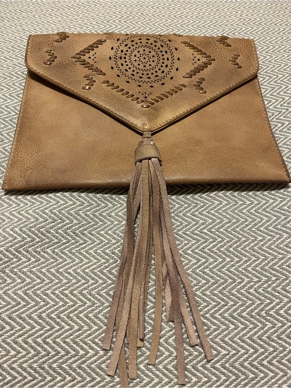 Anthropologie Street Level Brown Tassel Envelope Clutch. Western / Boho.